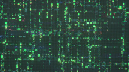 Green digital hex code matrix 3D render