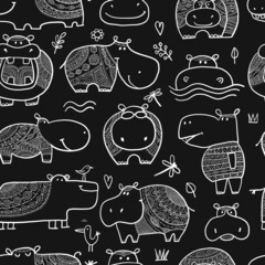 Poster - Hippopotamus family, cute hippo characters. Seamless Pattern Background for your design
