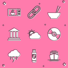 Sticker - Set Microwave oven, Chain link, Bowl with chopsticks, Bank building, Sun and cloud weather and CD or DVD disk icon. Vector