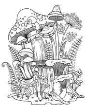Difers Mushrooms Grow On The Stump And Around Next To Wild Flowers. Vector Coloring Page For Adult
