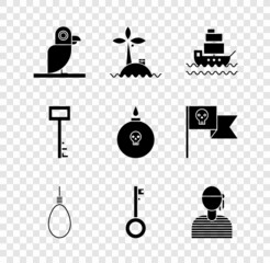 Wall Mural - Set Pirate parrot, Tropical island in ocean, Ship, Gallows rope loop hanging, key, Sailor captain, and Bomb ready to explode icon. Vector