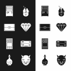 Wall Mural - Set Diamond, Chest for game, Computer, mouse gaming, Create account screen, Mobile and playing, Mask of the devil with horns and Bottle magic elixir icon. Vector