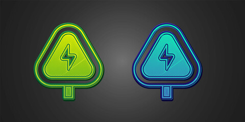 Green and blue High voltage sign icon isolated on black background. Danger symbol. Arrow in triangle. Warning icon. Vector