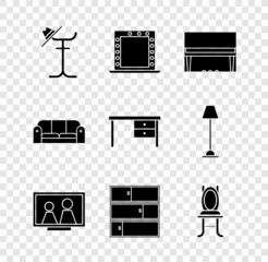 Sticker - Set Coat stand, Makeup mirror with lights, Grand piano, Picture frame on table, Shelf, Chair, Sofa and Office desk icon. Vector