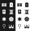 © vector_v - Set Decree, paper, parchment, scroll, Holy bible book, The commandments, Tombstone with RIP written, Star of David, Pentagram in circle, Muslim Mosque and Rosary beads religion icon. Vector