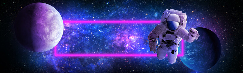 Wall Mural - Astronaut flying in outer,open space,which is behind.Abstract space background with blue purple nebula and stars.sci-fi abstract futuristic space background Elements of this image furnished by NASA