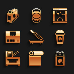 Wall Mural - Set Paper cutter, Roll of paper, shopping bag, Coffee cup to go, Copy machine, Carton cardboard box, 3D printer and Printer ink cartridge icon. Vector