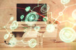 © peshkova - Double exposure of social network theme drawing and office interior background. Concept of web.