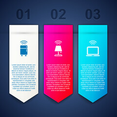 Sticker - Set Smart refrigerator, table lamp and Wireless laptop. Business infographic template. Vector