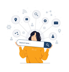 Woman holding web browser online,search engine bars, seo optimization, concept illustrations