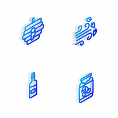 Sticker - Set Isometric line Windy weather, Hive for bees, Bottle of wine and Jam jar icon. Vector