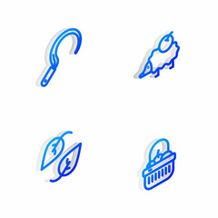 Sticker - Set Isometric line Hedgehog, Sickle, Leaf and Basket and food icon. Vector