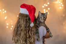 Back Of A Blonde Woman Wearing Santa Claus Hat And Holding A Tabby Cat That Is Looking At The Camera On A Light Bokeh Background