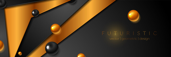 golden and black abstract tech corporate background with glossy beads. vector banner design