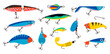 Fishing bait. Abstract contemporary fishery lures and wobblers. Spoons and twisters of artificial colorful fish shapes with hooks. Fisher accessories. Vector fisherman equipment set