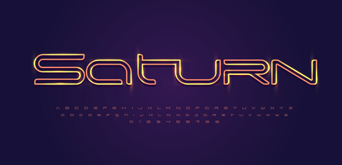 Wall Mural - Space font alphabet letters. Outline linear contour typography. Techno digital characters with electric light, neon glow. Shiny illuminated letter set for headline, logo, cover title. Vector typeset