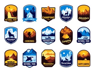 cartoon adventure sticker. summer camp vintage badge with forest and cabin at lake. nature travel an