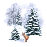 Fototapeta Dziecięca - Watercolor illustration of winter forest, snowy forest, winter landscape watercolor landscape, Christmas trees, forest, snow 