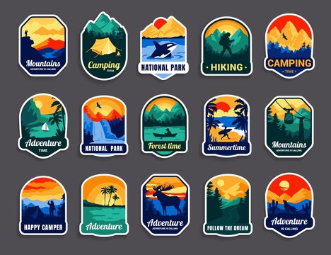 Wall Mural - Outdoor camp badge. Cartoon nature travel and exploration emblem. Isolated stickers for hiking and camping. Vintage patch with forest lake and trees. Vector logo set with landscape elements