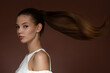 © Alena - Beautiful young woman with long straight hair and makeup. The hairstyle is gathered in a ponytail. Brown background