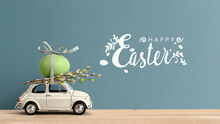 Retro Car Carrying An Easter Egg On The Roof. Happy Easter Text