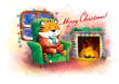 Happy New Year and Merry Christmas! A cute cartoon tiger in a chair, wrapped in a plaid, drinks a hot drink near the fireplace. Watercolor drawing. English lettering. Christmas postcard. New Year post