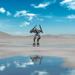 combat mech in action on desert after rain