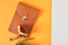 Brown Bag And Mushroom On Orange Background, Eco Leather Made From Mushroom Mycelium, Vegan Leather