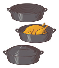 Cast Iron Dutch Oven. Empty Pot, Roast Chicken And Pot With Cap. Retro Style Vector Illustration