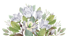 Watercolor Seamless Border. Blooming Magnolia Flowers. For Fabrics, Textiles, Roll Wallpaper, Design, Cards, Invitations, Stickers, Wedding, Birthday, Valentine's Day, 