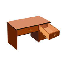 A Desk With An Open Drawer. Vector Image Of A Desktop With An Extended Drawer. There's A Key In The Lock In The Top Drawer