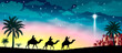 The three wise men follow the guiding star to Bethlehem. Three wise men against the background of the star of Bethlehem. Their journey with gifts to Bethlehem. Biblical scene on the eve of the birth