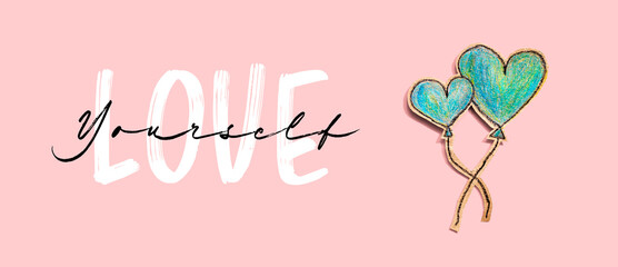 Wall Mural - Love Yourself message with hand draw blue hearts - flat lay