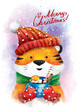Happy New Year and Merry Christmas! A cute cartoon tiger in a hat and scarf holding a hot cocoa drink with marshmallows. Watercolor drawing. English lettering. Christmas postcard. New Year postcard.