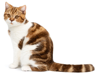 Cat with stripes tail sitting isolated on white background. Cute Cat looks to from camera. British shorthair marble with beautiful big eyes. Side view