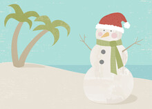 Textured Vintage Snowman Made Of Sand On The Beach, In A Cut Paper Style
