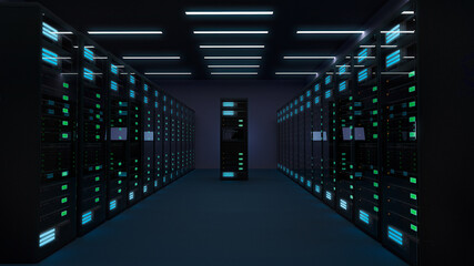 Illustration of a data center with servers turned on. Artificial intelligence. Internet. computer. Network.