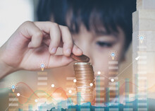Double Exposure Of Graph And Rows Of With Kid Stacking Sterling Pound Coin And Pennies Nickels, Learning Financial Responsibility And Saving Future Or Business Development,success And Growth