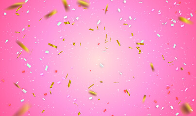 Sticker - Golden and colorful confetti sparkles on pink pastel trendy background. Luxury festive background. The theme of a Christmas, New Year, Holiday, Party, Celebration and a Birthday. Vector EPS10