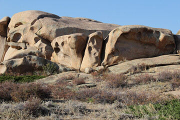 Wall Mural - Large rounded volcanic stone rocks with dents near the Bektau-Ata tract, the slopes are located in a group, dry small bushes and grass grow at the foot, summer, sunny