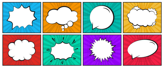 Comic book page template in pop-art style. Retro comic empty speech bubbles set on colorful background. Rays, radial, halftone, dotted effects. Vintage design, pop art style. Vector illustration