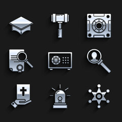 Poster - Set Safe, Flasher siren, Hexagram sheriff, Magnifying glass for search, Oath on the Holy Bible, Document with, and Graduation cap icon. Vector