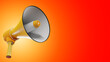 Yellow loudspeaker. Megaphone on red background. Loudspeaker 3d visualization. Megaphone symbolizes marketing campaigns. Advertising, promotions, sale. Bullhorn and place for text. 3d image.