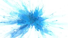 Color Burst - Colorful Blue Smoke Powder Explosion With Camera Zoom In And Zoom Out. Coloured Fluid Ink Particles In Slow Motion. Isolated On White Background. Alpha Matte 4k.