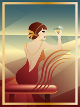 The Girl In Red Is Sitting On The Couch With A Cocktail. Retro Style. Art Deco