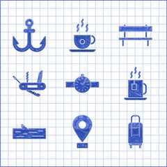 Sticker - Set Wrist watch, Location, Suitcase, Cup of tea with tea bag, Wooden log, Swiss army knife, Bench and Anchor icon. Vector