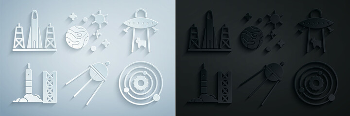 Poster - Set Satellite, UFO abducts cow, Rocket launch from the spaceport, Solar system, Space and planet and icon. Vector