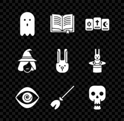 Poster - Set Ghost, Ancient magic book, Three tarot cards, Hypnosis, Witches broom, Skull, and Rabbit with ears icon. Vector