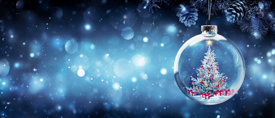 Wall Mural - christmas tree in bauble hanging fir branch with gift boxes in blue abstract night