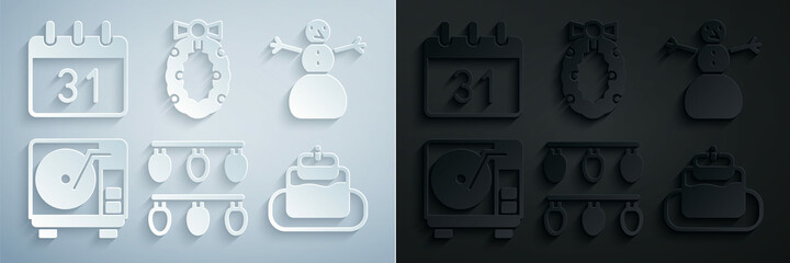 Sticker - Set Christmas lights, snowman, Vinyl player with vinyl disk, Cake, wreath and Calendar icon. Vector